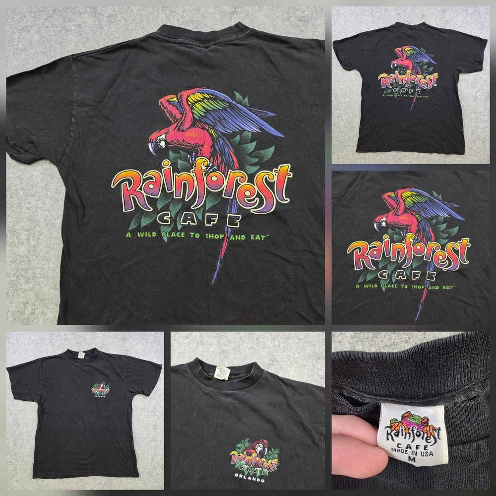 Vintage Rainforest Cafe T Shirt Mens Medium Black Parrot Graphic Orlando USA 90s